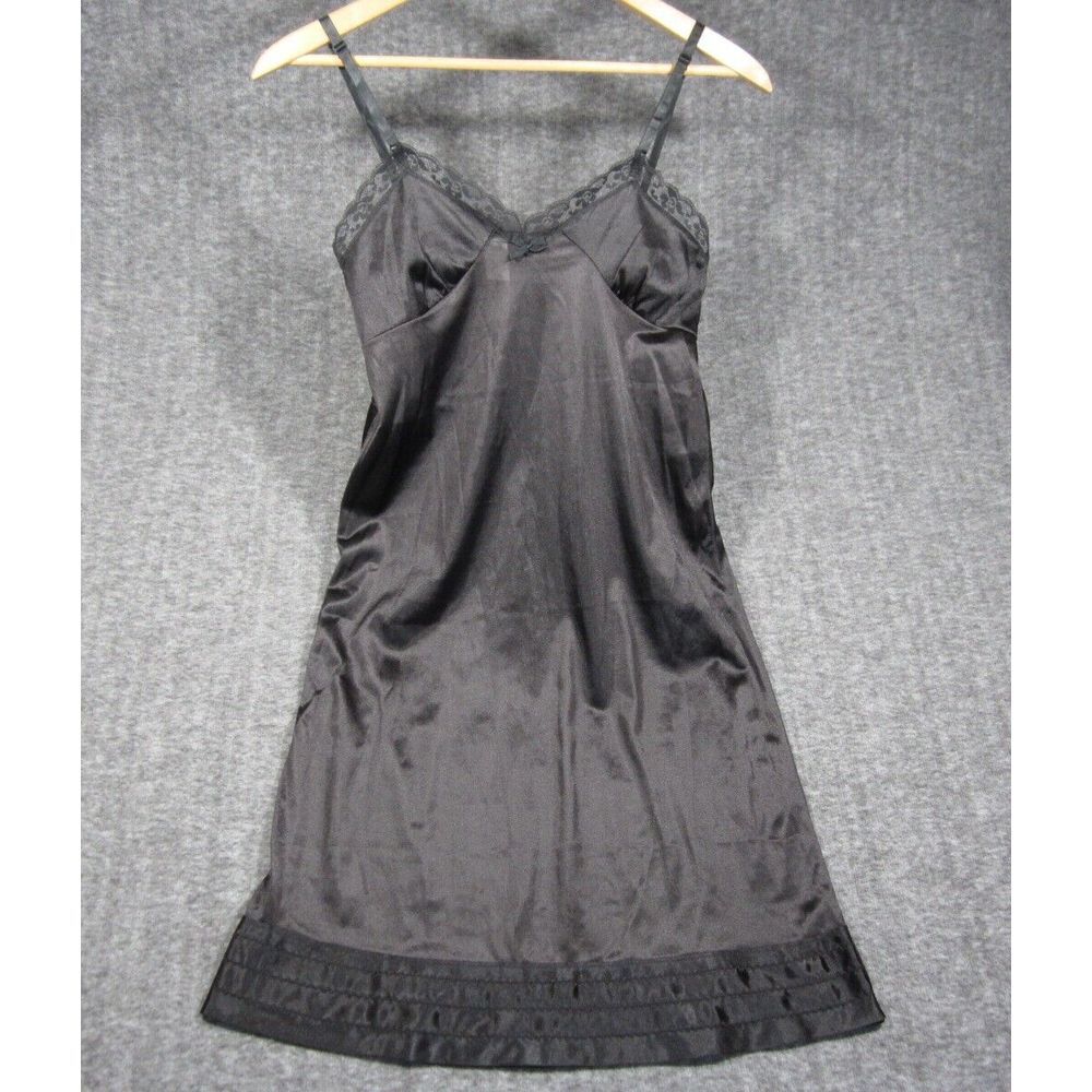 Vintage Mel Lin Nylon Slip Dress Nightgown Nightie Size 36 Black Lace‎ Trim USA